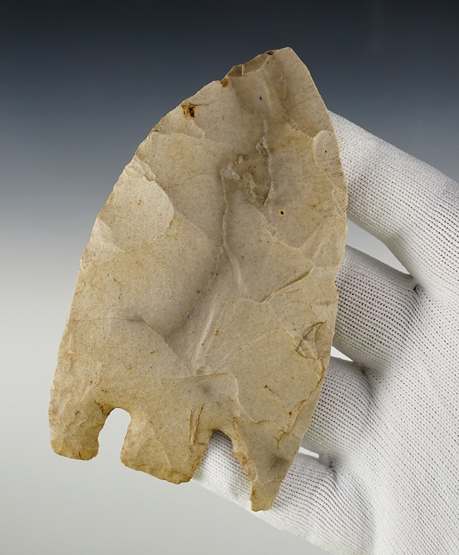 Large 4 5/8" Smith made from patinated tan and gray chert. Found in Oklahoma.  COA. 