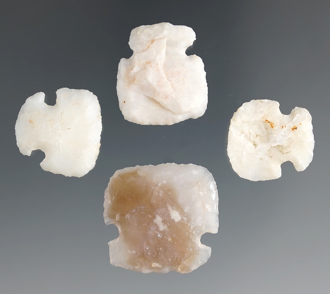 Set of four New Mexico notched scrapers made from nice material. Largest is 1 1/16" wide.