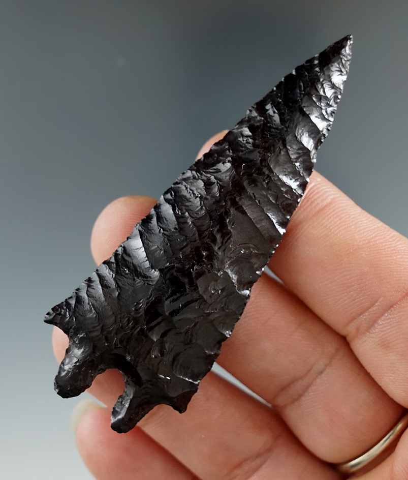 Nicely flaked 2 13/16" Pinto Basin - Obsidian - found in California. Jackson and Rogers COA's.