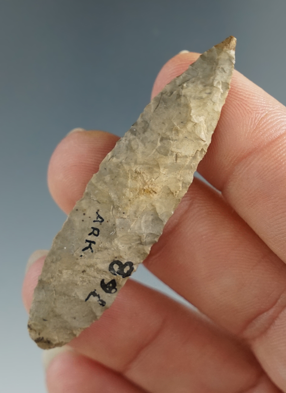 Well styled 2 3/16" nicely flaked Nodena point found in Arkansas. Nice and thin.