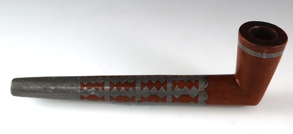 Exceptional! 5 7/8" long circa 1800s Catlinite Pipe with intricate lead inlays in excellent conditio