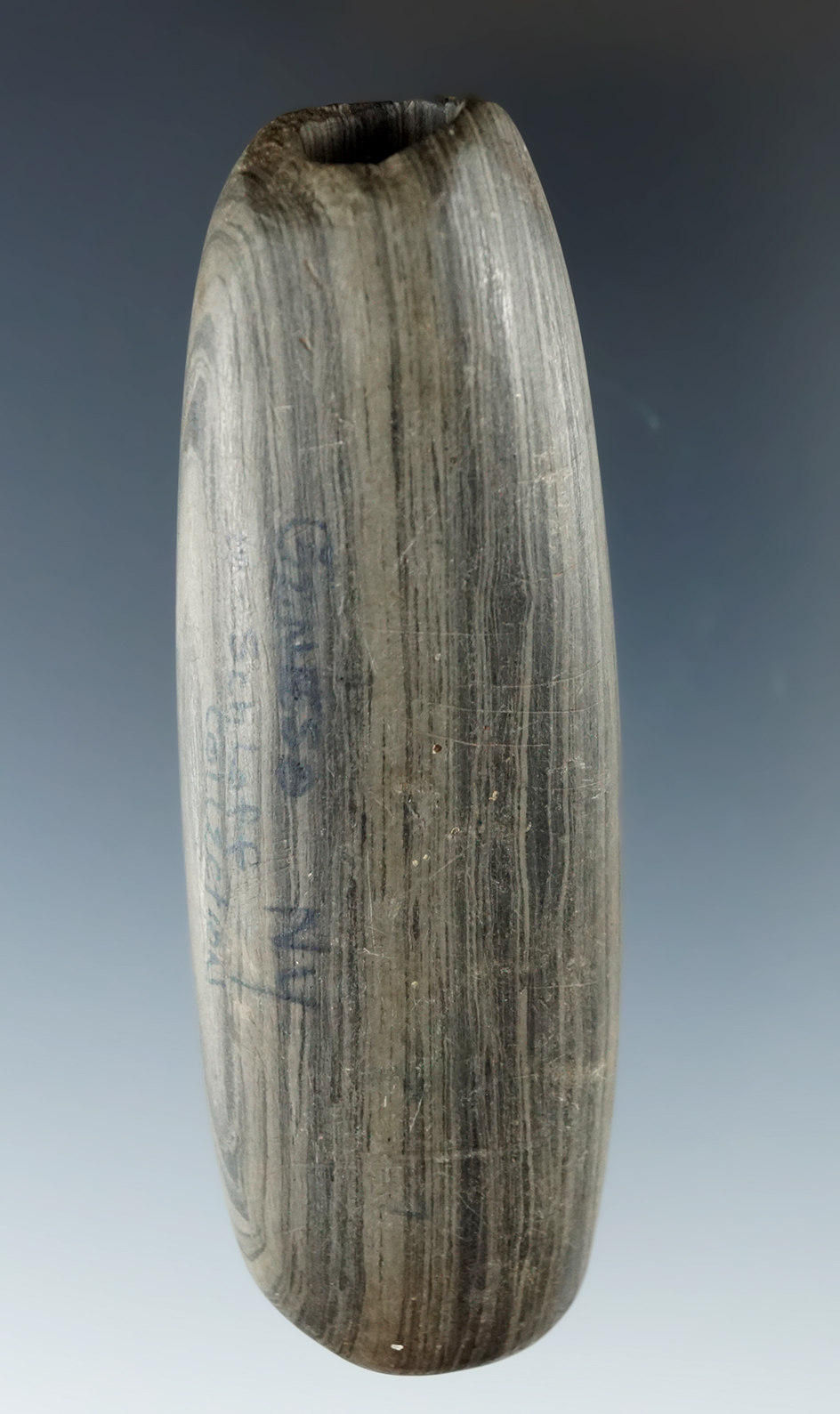 3 9/16" Tubular Bannerstone found in Geneseo, Livingston County New York. Ex. Schloff collection.