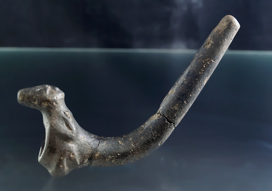 4 3/4" Long Human Effigy Iroquois Clay Pipe- broken and glued in several areas.  Livingston Co., NY