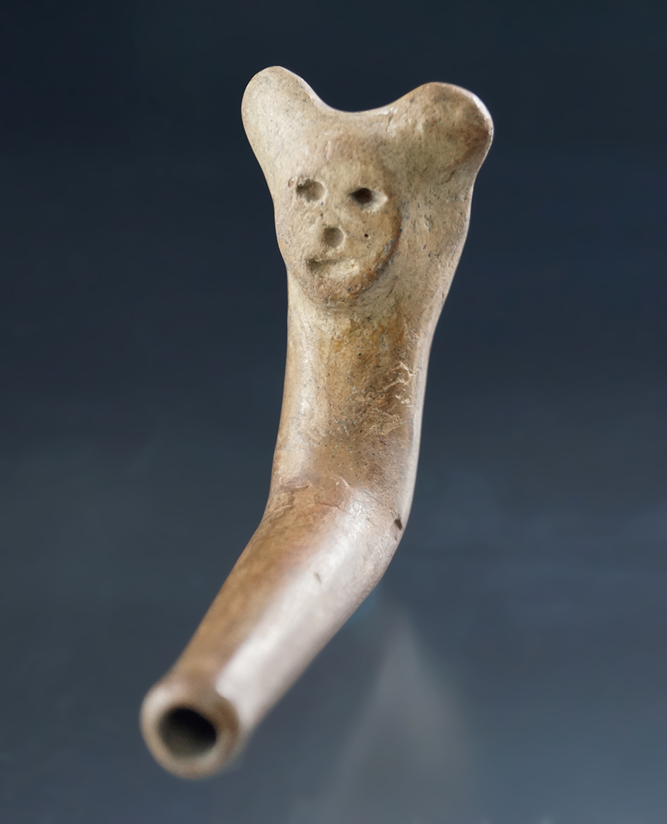 Unique 2 1/2" by 1 5/8" Miniature Iroquois Zoomorphic Mask Effigy Pipe - New York.