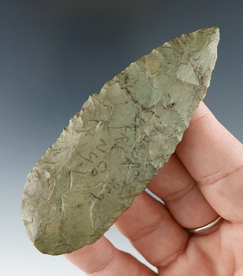 3 7/16" Flint Knife made from green Normanskill Flint found in Herkimer County New York.