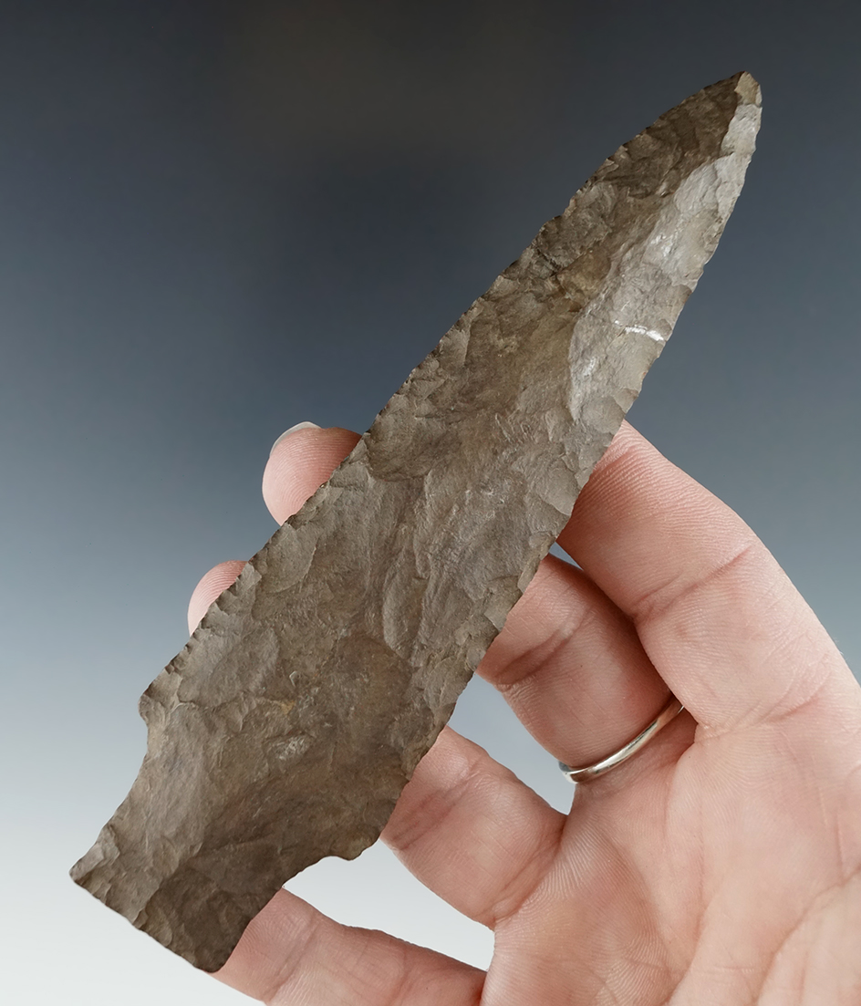 5 1/16" Genesee made from Esopus chert. The blade is broken and glued tight near the tip. NY