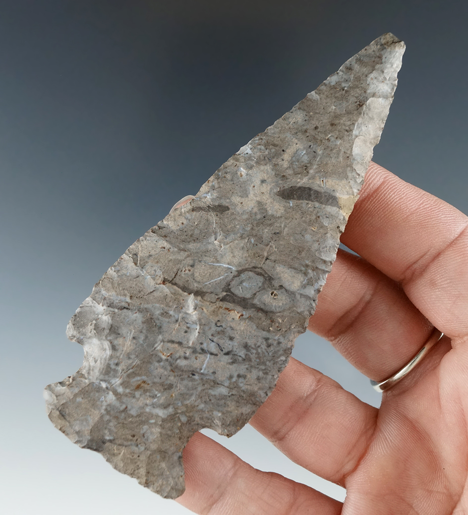 Nicely patinated 3 7/8" Hopewell made from Onondaga Flint found in New York.