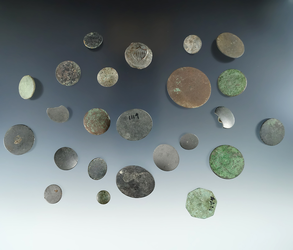 Group of 24 assorted metal buttons, largest is 1  1/4" -  Allegheny County New York. Ex. Lang.