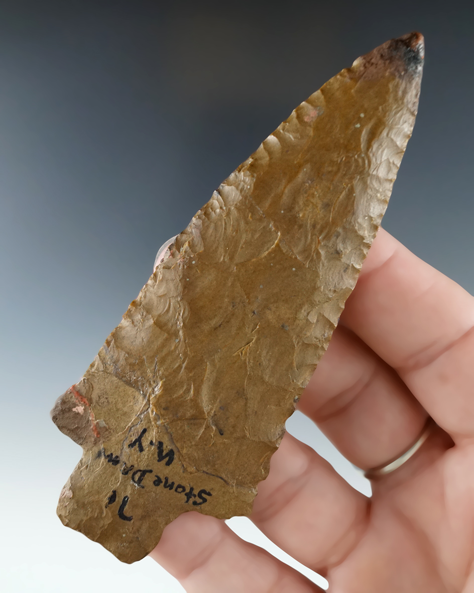 4 1/16" Genesee made from attractive Jasper with a small amount of restoration to the tip and ear.