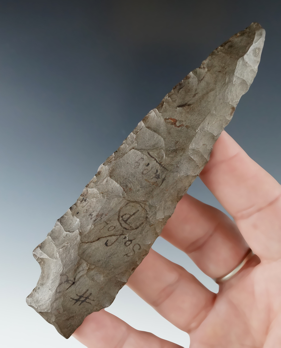 4 5/8" Archaic Stemmed Knife made from Esopus chert found in S. Columbia, Herkimer Co., NY.