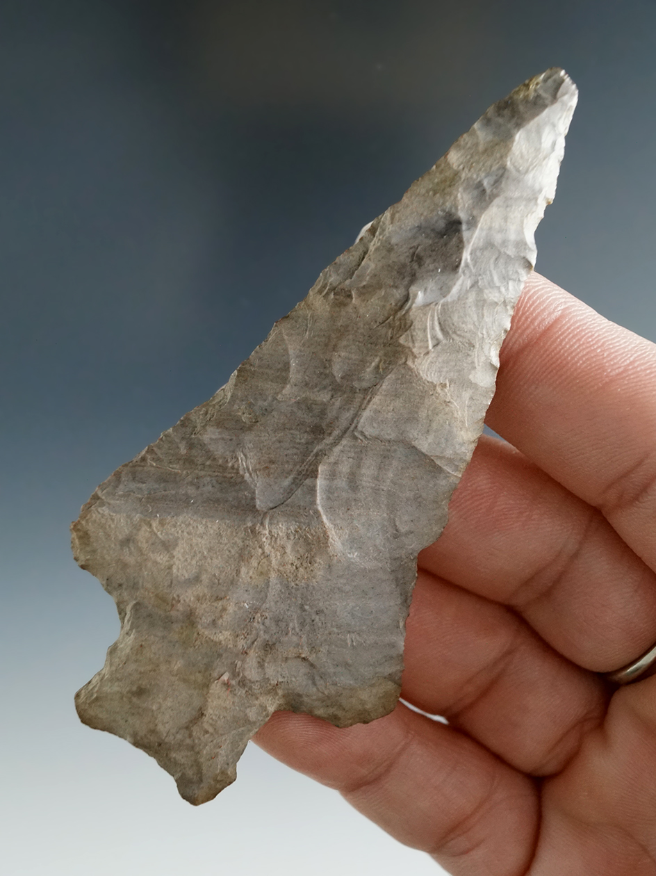 3 7/16" Onondaga chert Stemmed Kirk found in Chemung County New York.