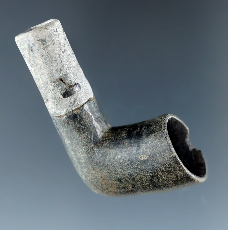 1 7/8" Miniature Steatite Pipe with pewter inlaid stem found in New York.