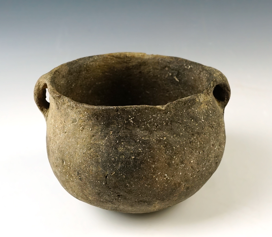 5" wide x 3 1/2" tall Mississippian Shell tempered clay Jar with handles, recovered in Arkansas.