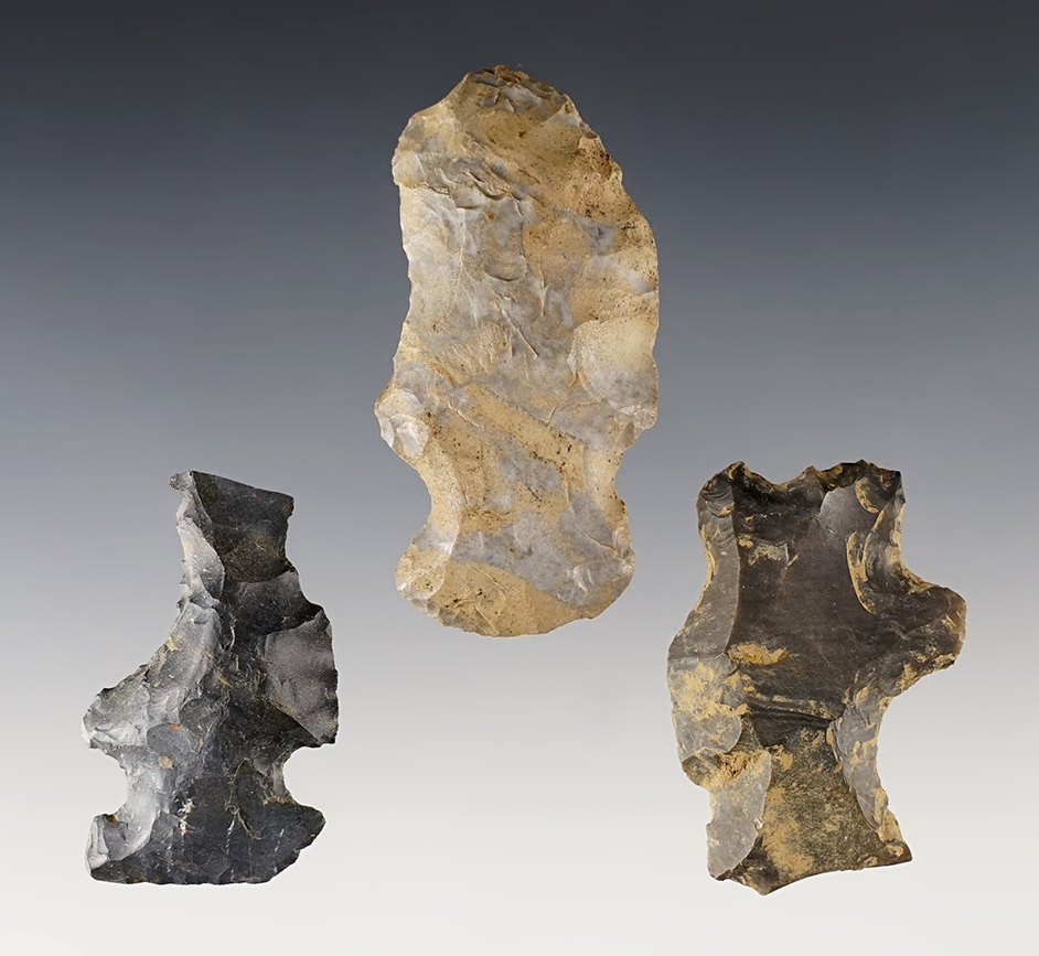 Set of 3 rare Ohio Hafted Shaft Scrapers found in Ohio. The largest is 2 5/16".