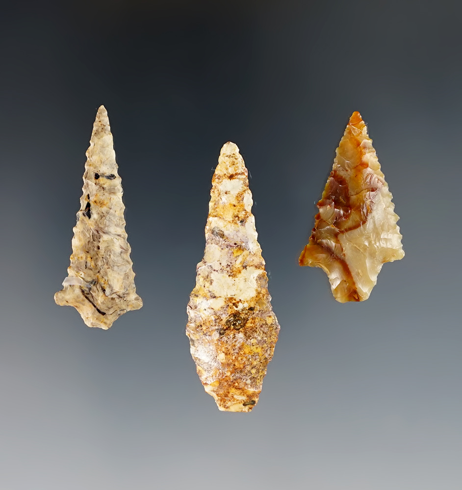 Set of 3 Rabbit Island Points found near the Columbia River in Washington. The largest is 1 15/16"