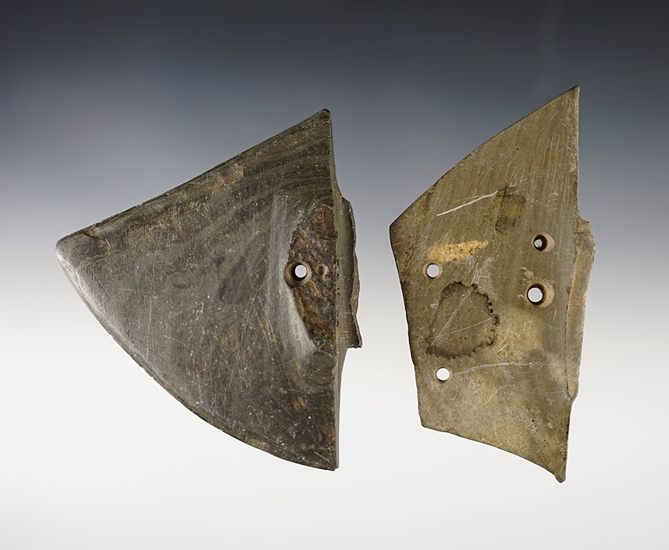 Pair of anciently salvaged Wing Bannerstones. One is pictured in Ohio Arch., Volume 52, #3. 