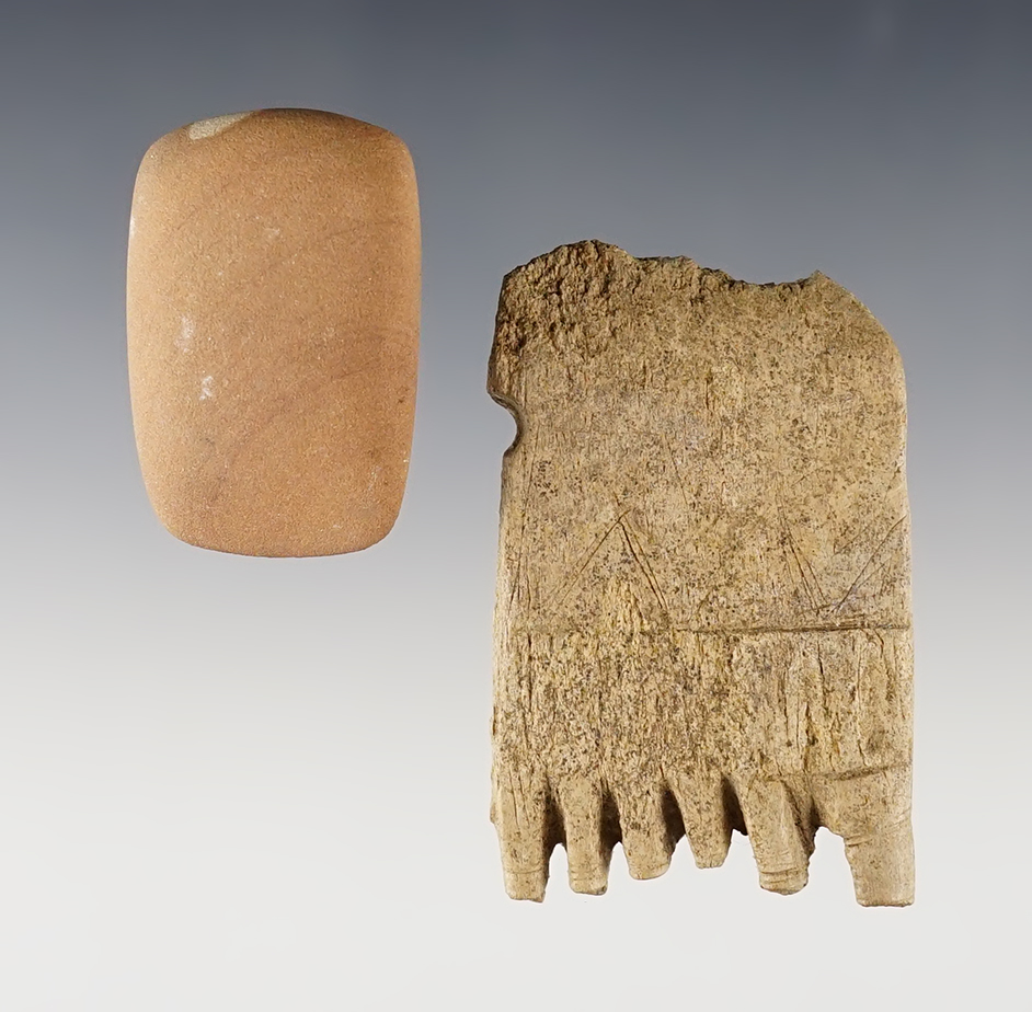 Pair of Fox Field Site artifacts including a Sandstone Adze and a Bone Comb. The largest is 2 5/8".