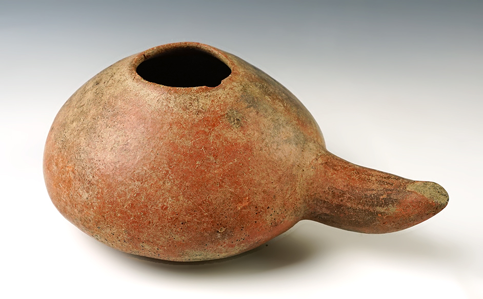 9" wide x 3" tall Pre-Columbian Handled Pottery Vessel with two surface cracks, Mesoamerica. 