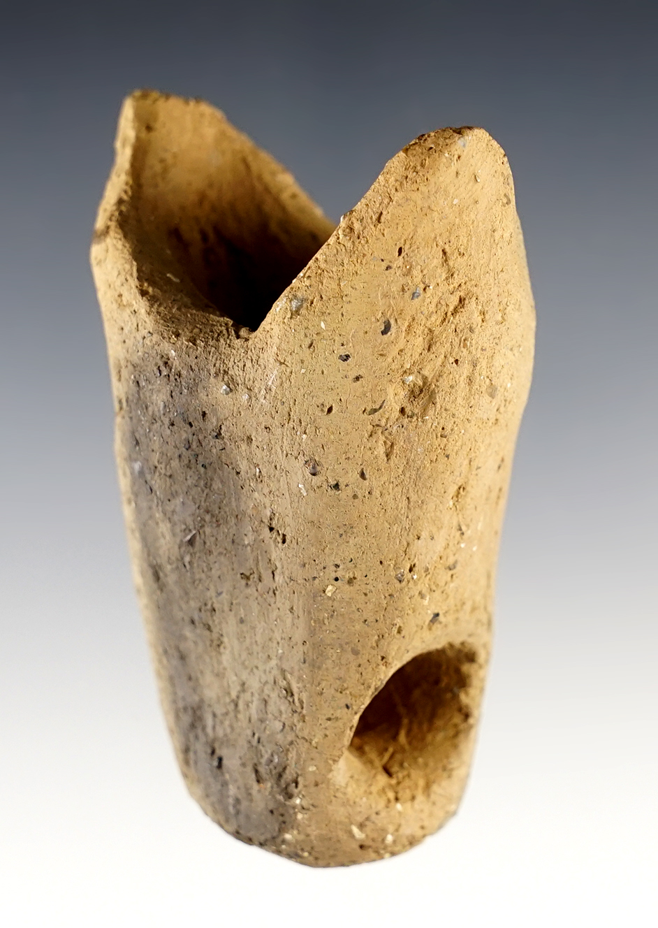 2 3/4" Vasiform Pipe - shell-tempered clay. With a unique effigy design to rim area. Southern Ohio.