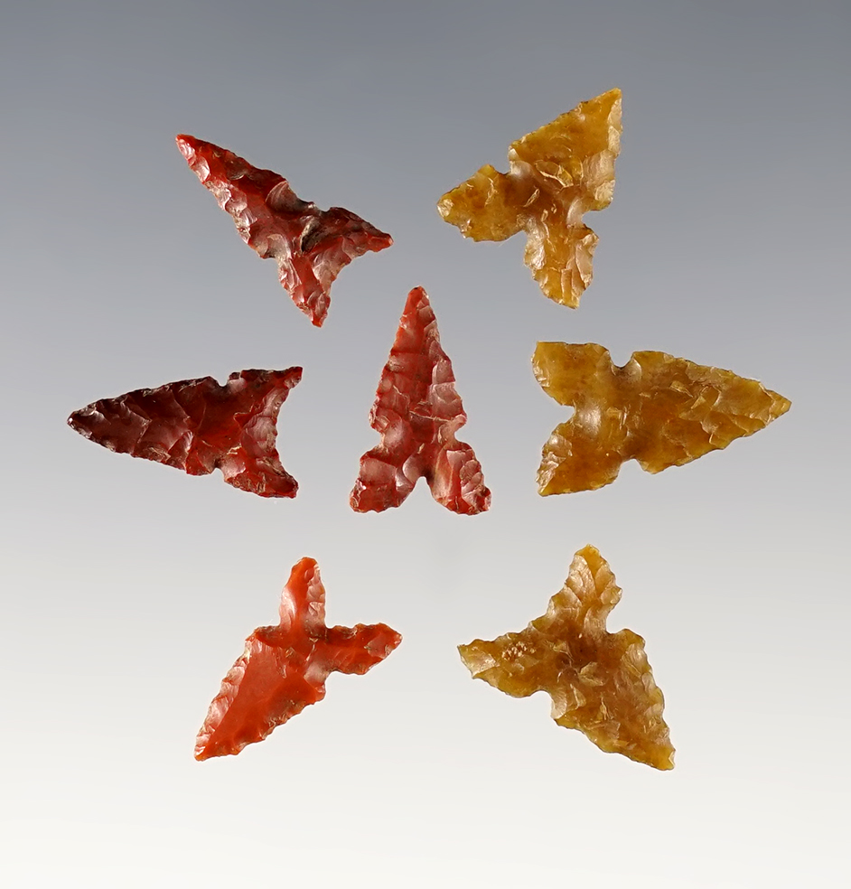 Set of 7 colorful points found near the Columbia River, Oregon. Ex. Billy Bush. The largest is 5/8".