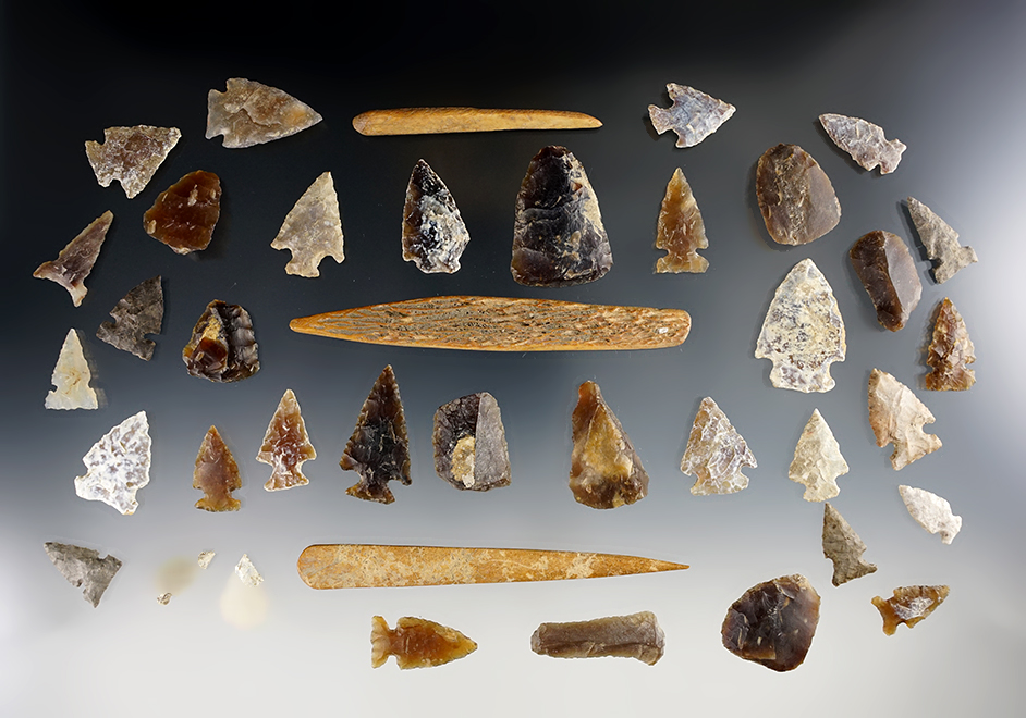 Set of assorted Flint and Bone artifacts found in the Dakotas. The largest is 4 1/4".