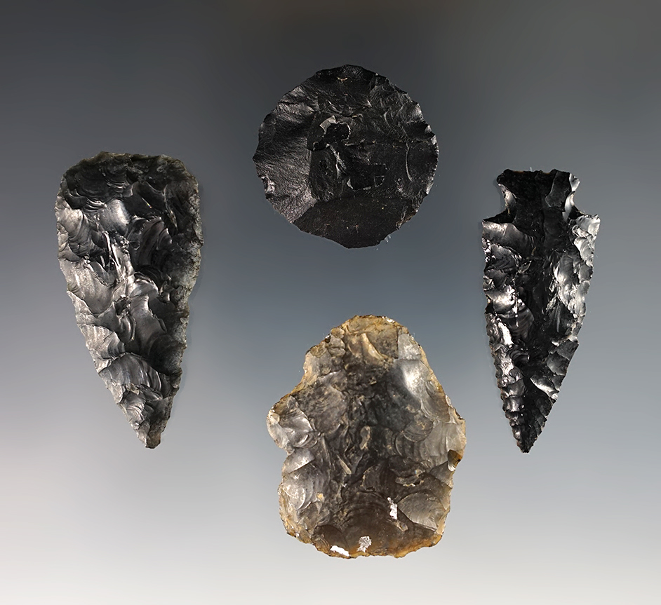 Set of 4 Obsidian points - California and Nevada. The largest is 1 15/16". All come with COA's.