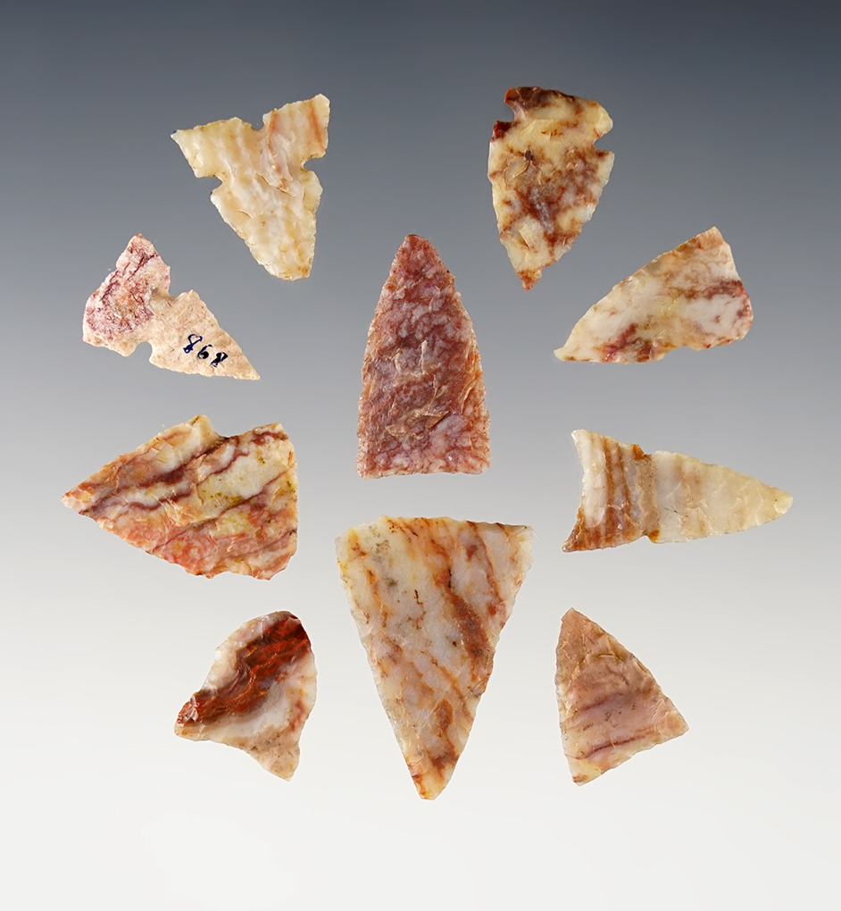 Set of 10 highly colorful points found by Al Cornwell in Major Co., Oklahoma between 1970-1971. 