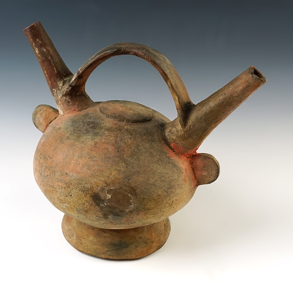 8 1/2" Pre-Columbian Vicus Culture Dual Spout Strap Handle Pottery Vessel, South America. 