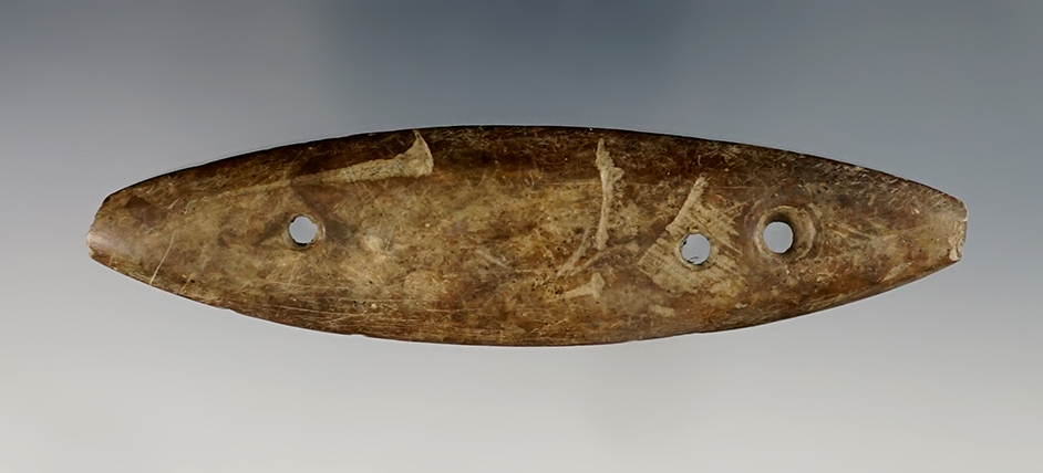 Heavily patinated 4 9/16" 3 Hole Slate Gorget - Scioto Co., Ohio. Ex. Heckman. Pictured!