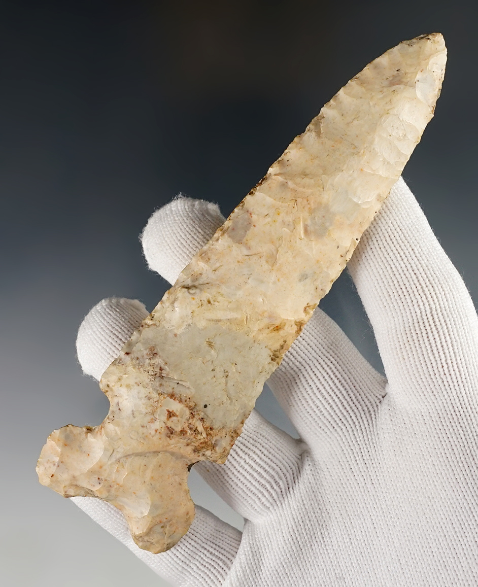 4 7/8" Osceola - attractive multi-colored pink and gray Flint. Found in McDonough Co., Illinois. 