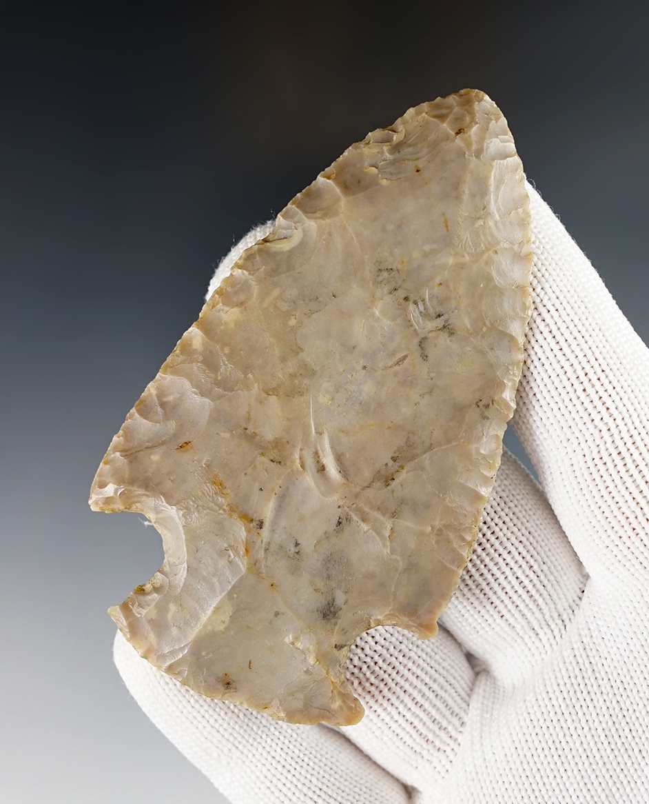 Finely flaked 3 1/4" Ohio Hopewell - Flint Ridge Flint. Pictured in Who's Who #10 and CHAPA.