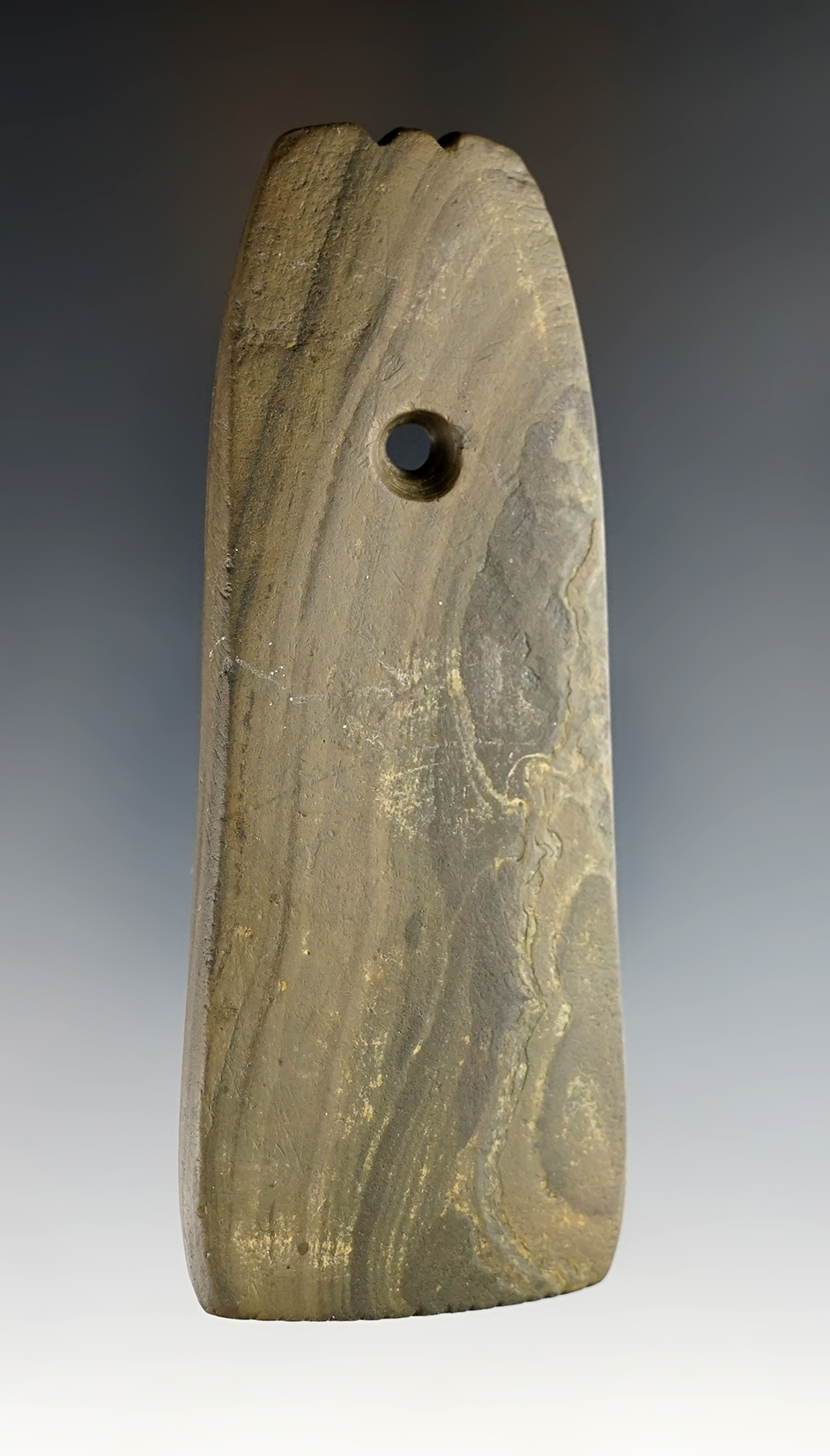 4 1/16" Pendant with 2 large fringes on the top. Found in Huron Co., Ohio. Ex. Root (#3763S).
