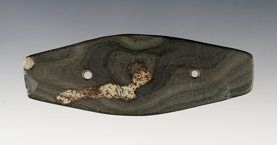 3 3/4" Banded Slate Gorget with surface engravings,  Ohio. Ex. Tiell. Pictured!