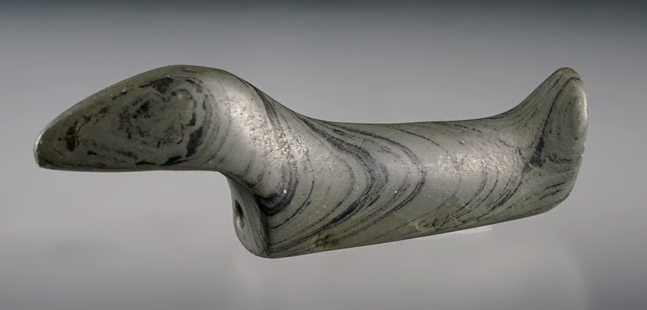 Fine 4 1/16" Banded Slate Birdstone. Recovered in Portage Co., Ohio. Ex. Dr. Kramer. 