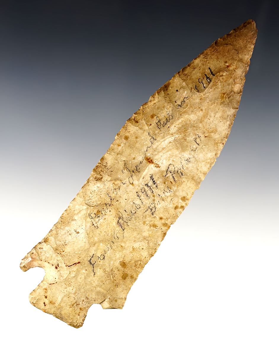 5 13/16" Etley - Burlington Chert. Found by Carroll Rexroate in Cass Co., Illinois. Motley COA. 