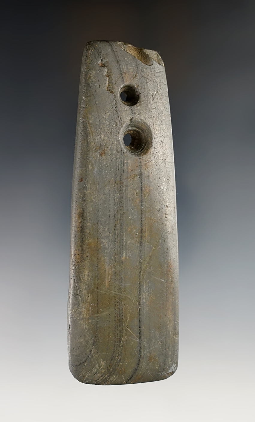 Unique 4 7/16" 2-Hole Pendant - Banded Slate. Found in the Ohio/Indiana area.