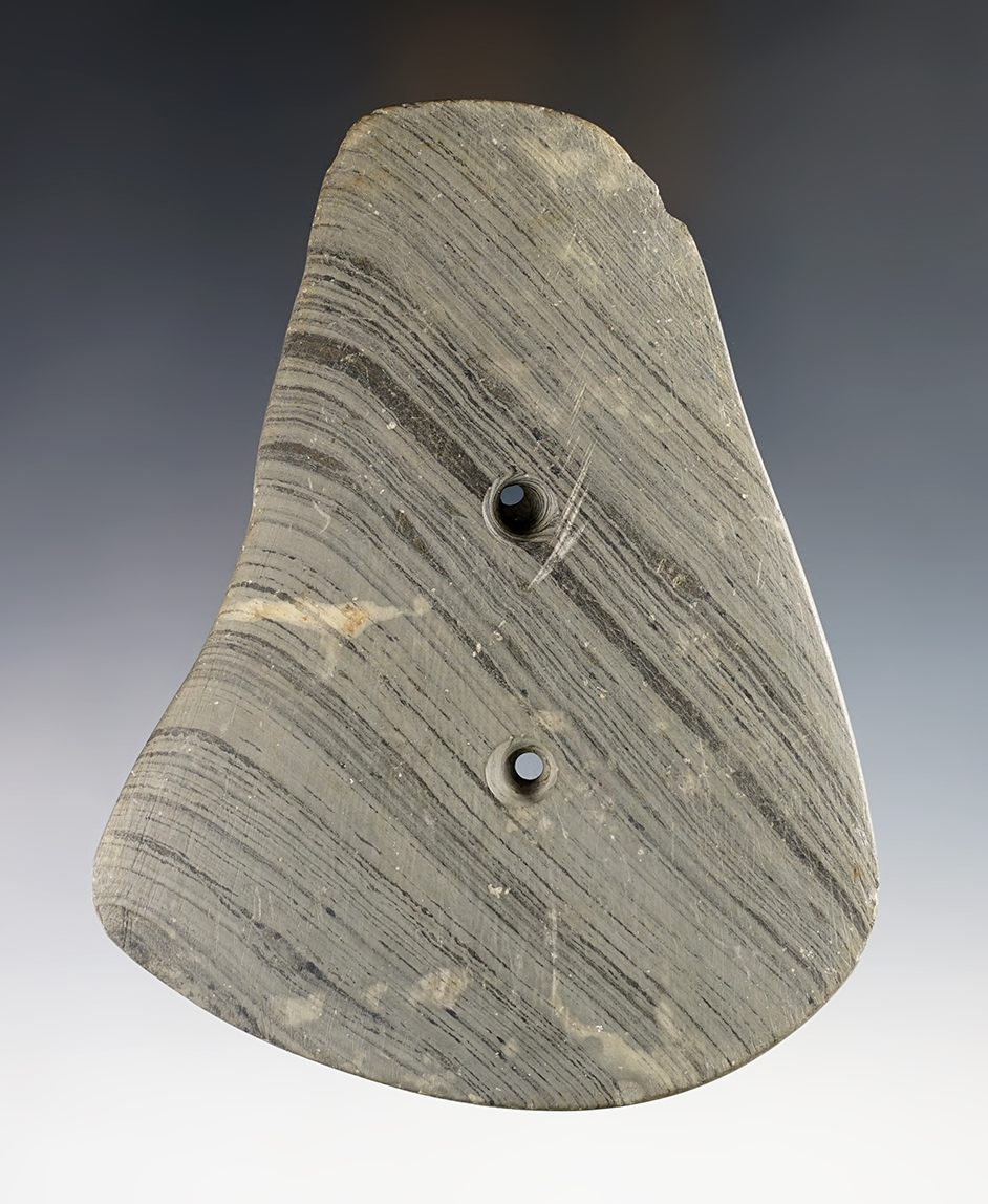 Uniquely styled 4 7/8" x 3 7/8"  Stylized Glacial Kame Gorget - Banded Slate. Indiana. 