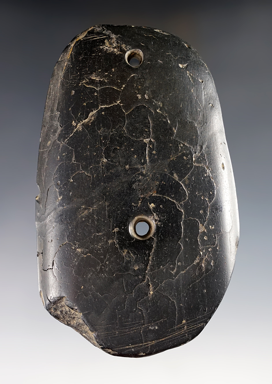 5 1/8" Oval Gorget - Cannel Coal. Found near Wheeling, Ohio Co., West Virginia. Ex. Ziegler.