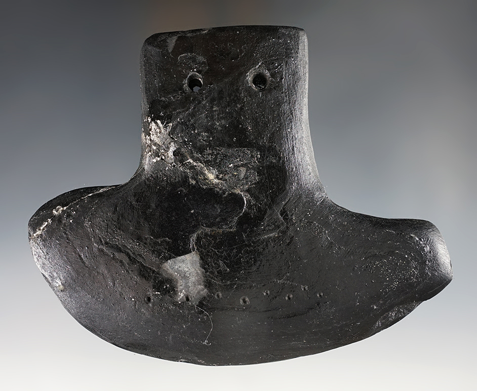 4 1/2" x 5 3/4" Cannel Coal Pendant anciently salvaged Glacial Kame Indented Gorget. Ohio.