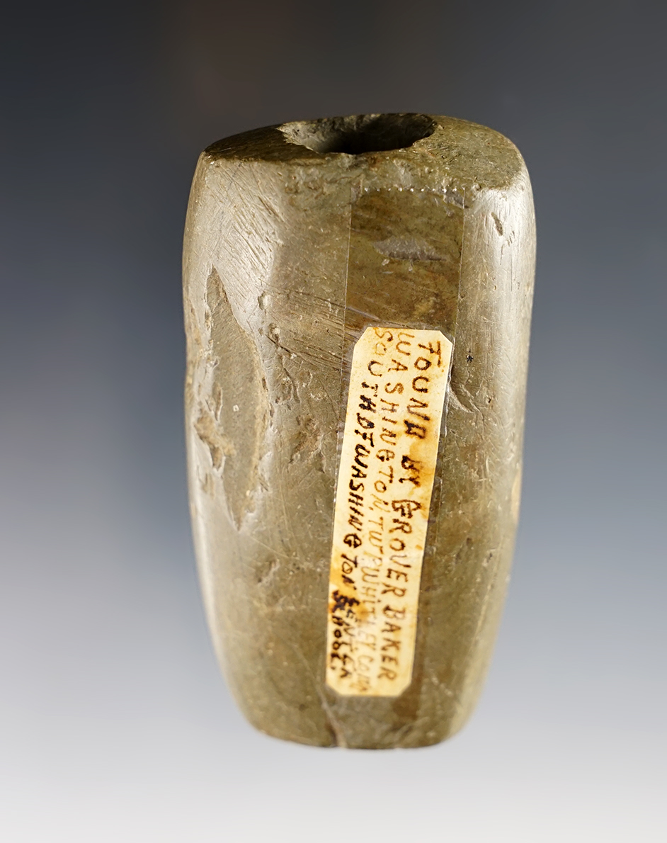 3 5/16" well polished Tube Bannerstone Indiana. Made from patinated Banded Slate.