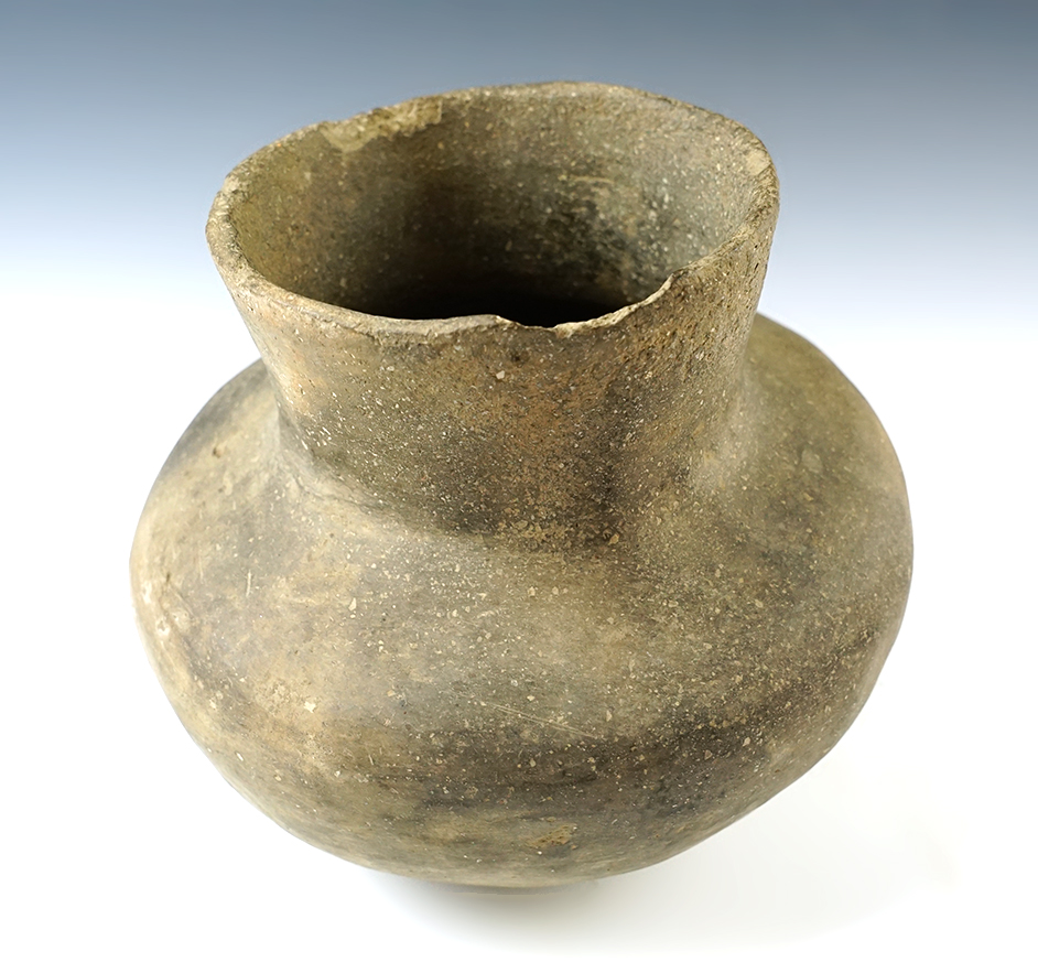 6 3/4" x 6 1/4" shell tempered Clay Pottery Bottle - Arkansas. Ex. Chalmer Lynch. 