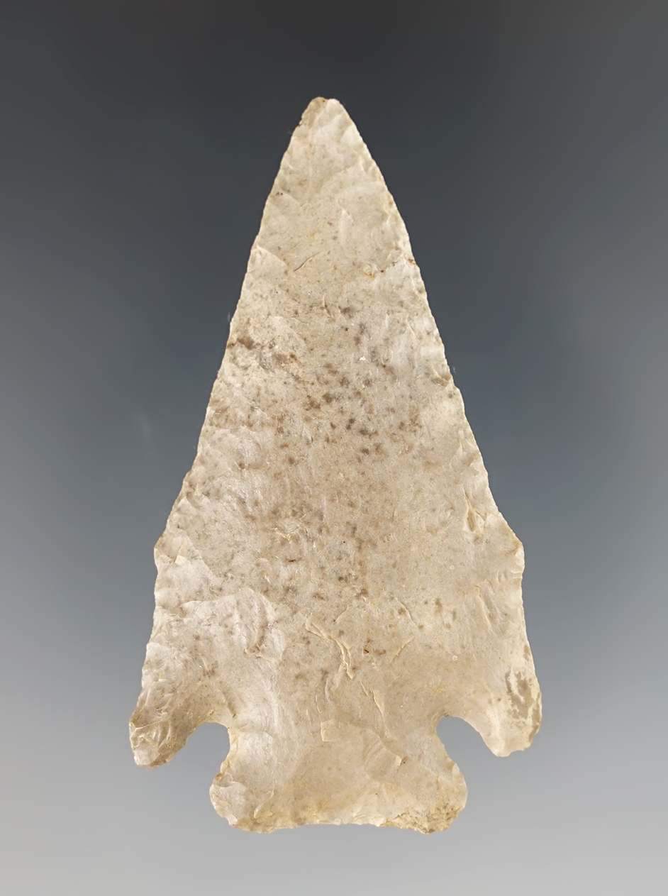 2 1/2" classic Ohio Pentagonal made from patinated gray chert. A nice example.