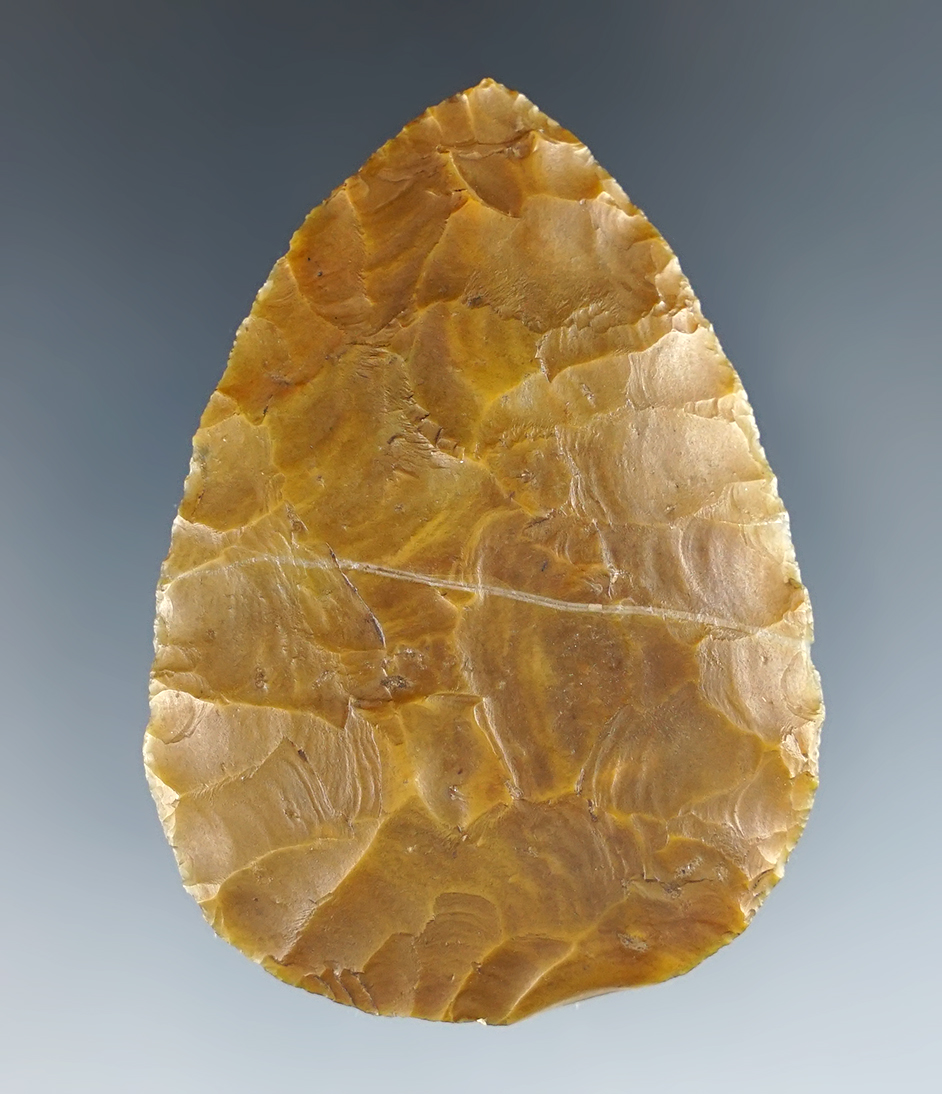Heavily patinated  2 5/16" Flint Ridge Adena Blade found in Marion Co., Ohio. 