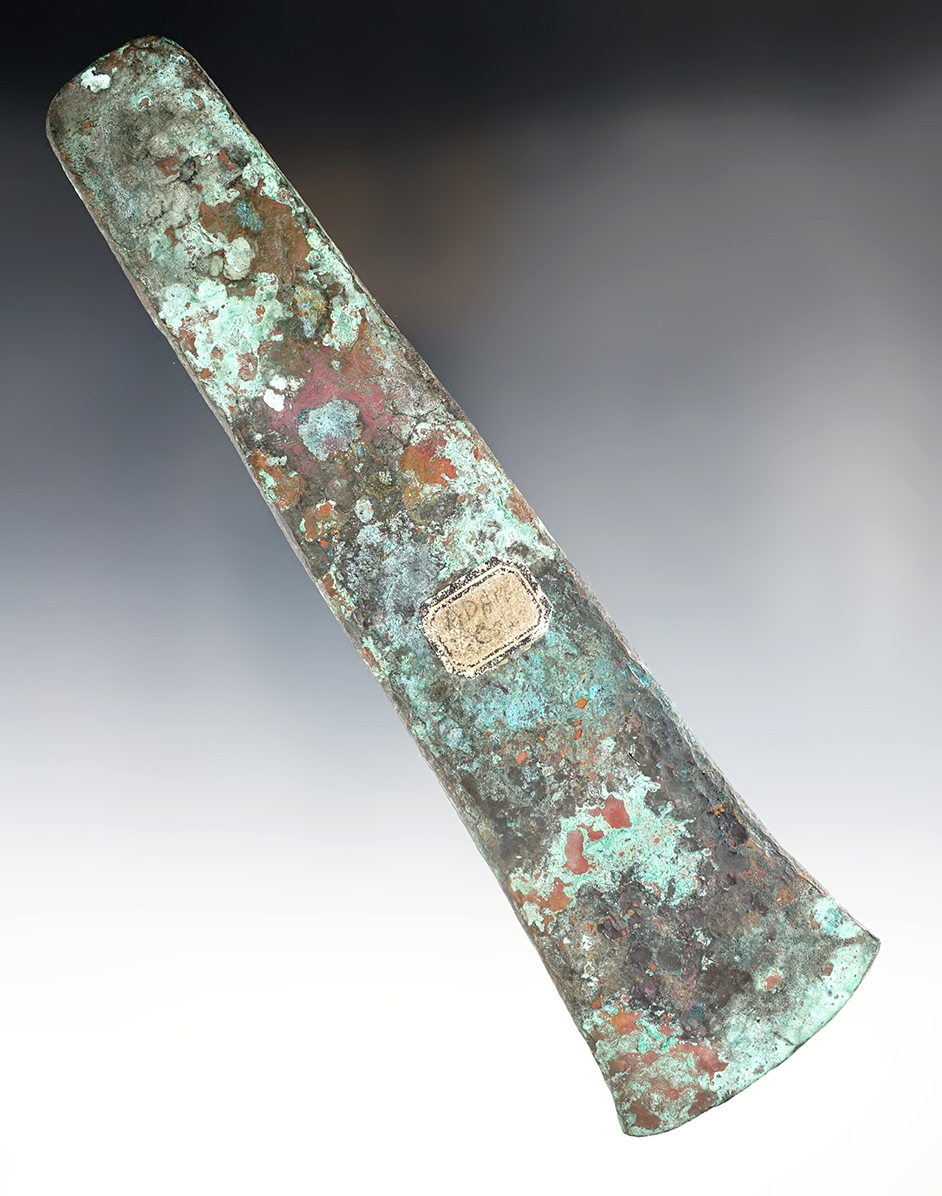 8" Copper Celt found at a farm in Adams Co., Ohio. Ex. Vastano, Dr. T. Hugh Young. 
