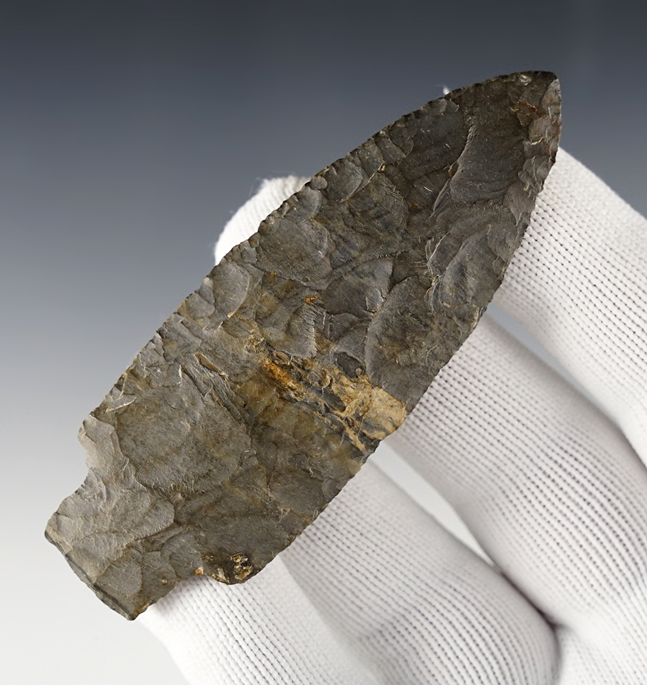 Nice 3 7/16" Adena made from patinated Dover Chert. Found in the Kentucky/Tennessee area.