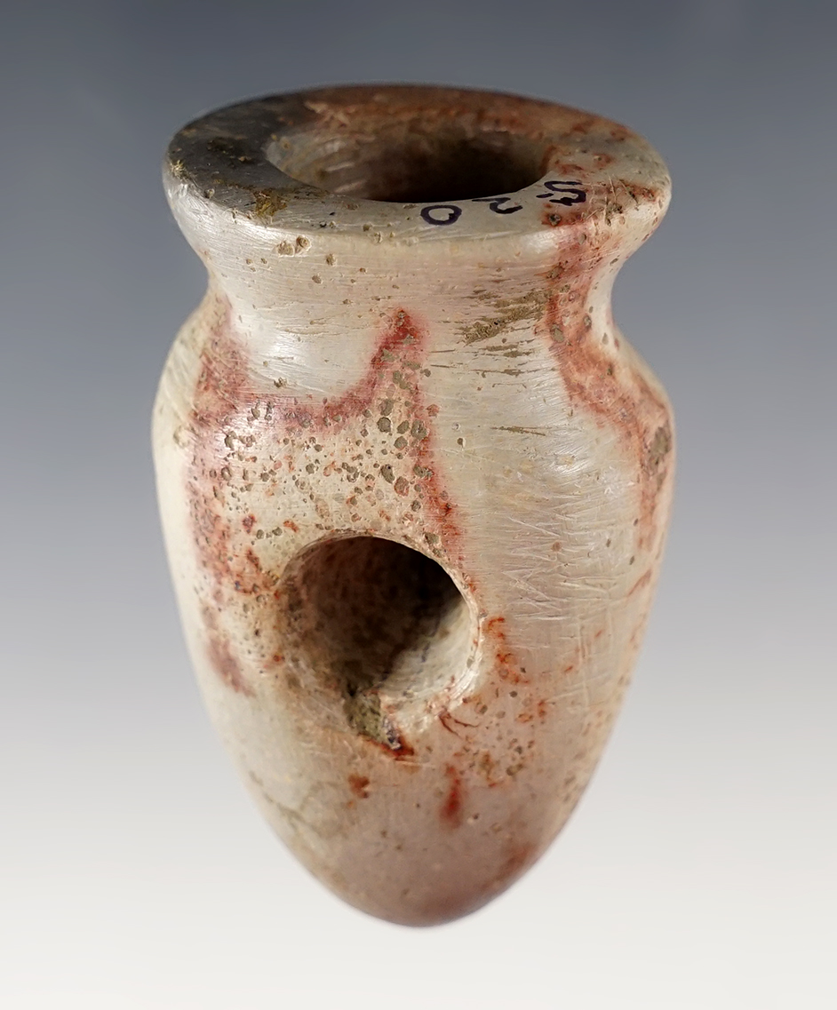 Superb! 2 7/16" Vasiform Pipe - colorful Pipestone. Riker Site in Tuscarawas Co., Ohio.