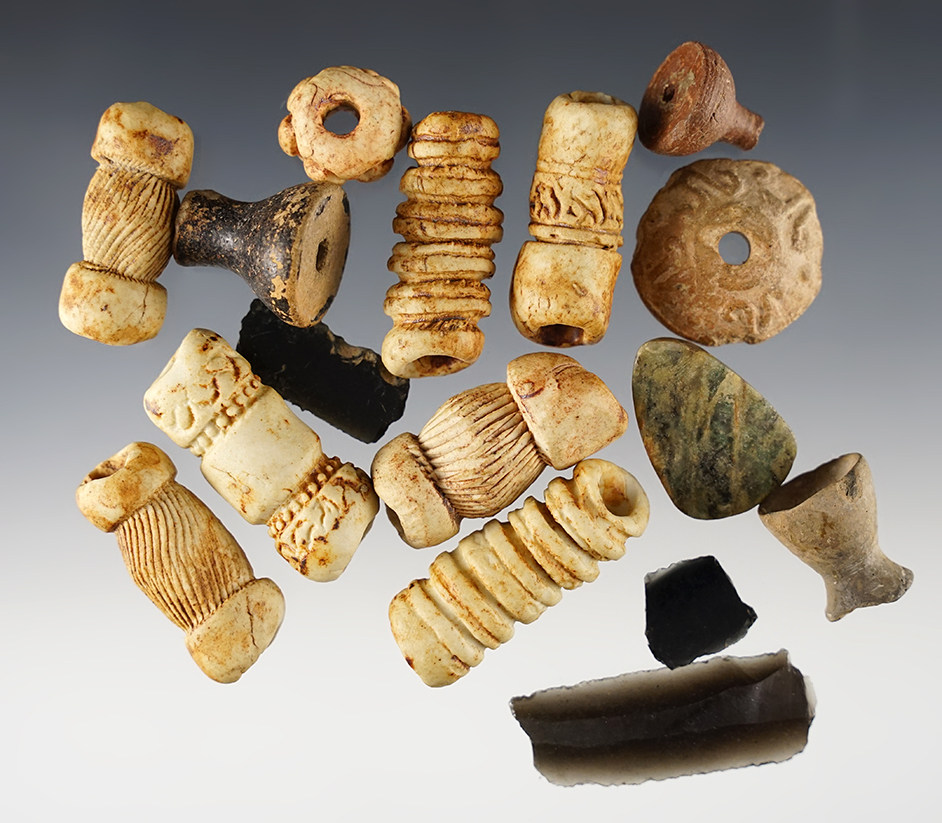 Set of 16 assorted Pre-Columbian Beads and misc. artifacts found in Mexico. The largest is 1 9/16".