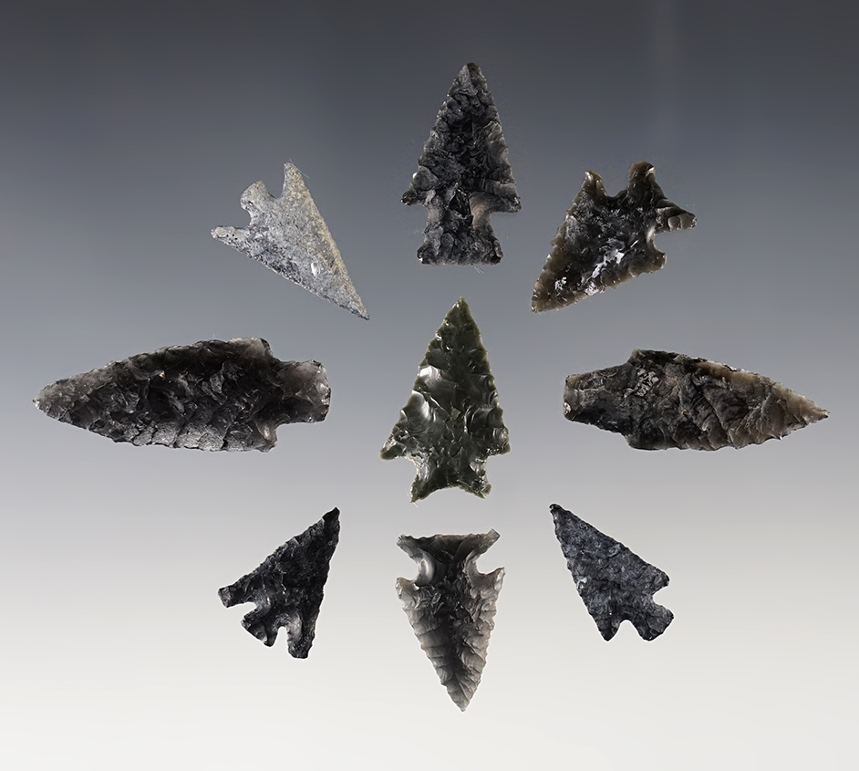 Set of 9 Obsidian points found in Lake Co., Oregon. Ex. Slim Fuel. The largest is 1 9/16".