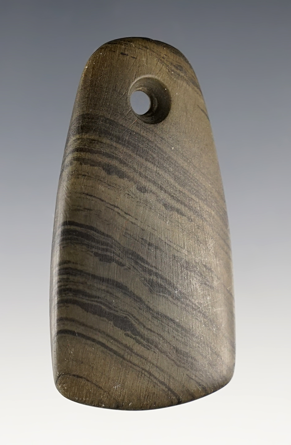 Fine 2 1/2" miniature Trapezoidal Pendant made from Banded Slate. Found near the Ohio River.