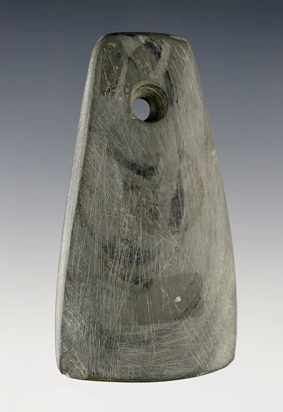 2 7/8" Trapezoidal Pendant found in Ross Co., Ohio in 1942. Nicely made from Banded Slate.
